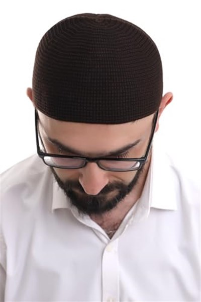 İhvan Online Kahverengi Kışlık Nokta Desenli Orlon Namaz Takkesi