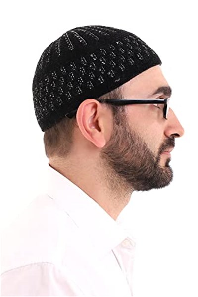 İhvan Online Kışlık Kadife Takke Hasır Desen - Siyah-Beyaz