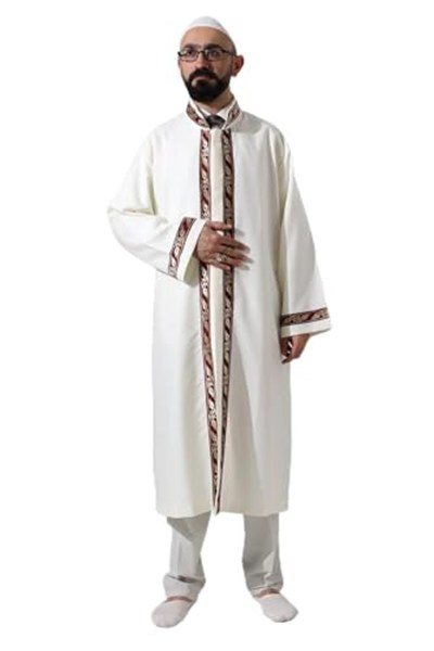 İhvan Online Krem Erkek Namaz Elbisesi Bordo Desen İşlemeli Hakim Yaka İmam Cübbesi