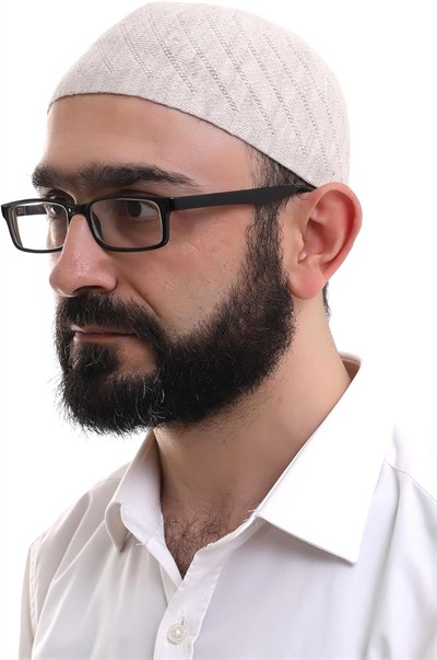 İhvan Online Krem Kışlık Çapraz Desenli Dokuma Takke