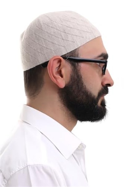 İhvan Online Krem Kışlık Çapraz Desenli Dokuma Takke
