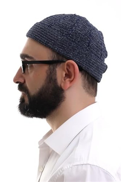 İhvan Online Lacivert Füme Katlamalı Çift Renk Kışlık Kadife Takke