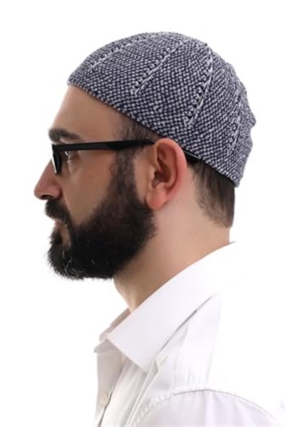 İhvan Online Lacivert Gri Kışlık Çift Renk Kadife Namaz Takkesi
