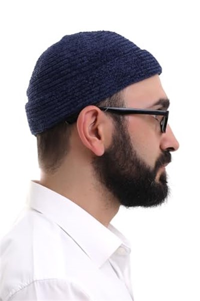 İhvan Online Lacivert Katlamalı Sade Desen Kışlık Kadife Takke Şapka