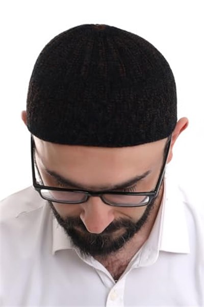 İhvan Online Siyah Kahve Hasır Desen Kışlık Kadife Namaz Takkesi
