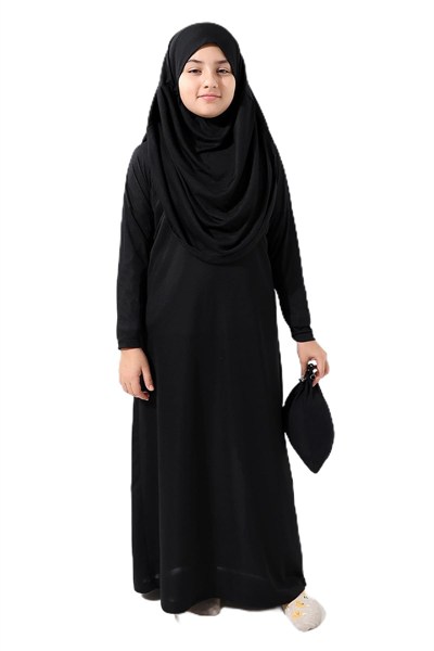 İhvan Online Tek Parça Pratik Başörtülü Çocuk Namaz Elbisesi Siyah