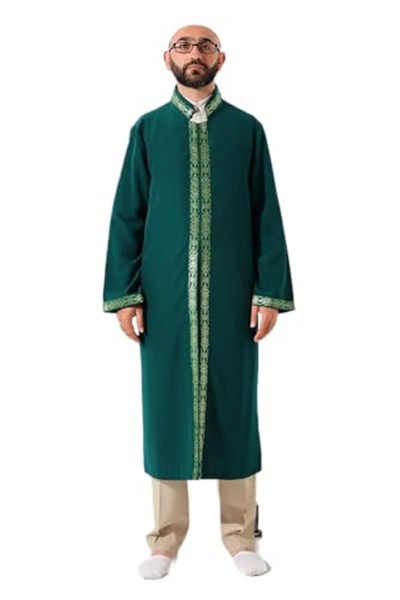 İhvan Online Yeşil Erkek Namaz Elbisesi İşlemeli Hakim Yaka İmam Cübbesi