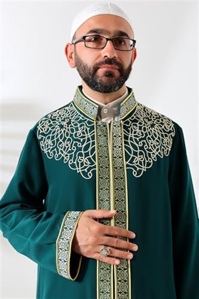 İhvan Online Yeşil Hakim Yaka Erkek Namaz Elbisesi Şerit Nakış İşlemeli İmam Cübbesi