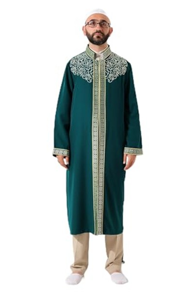 İhvan Online Yeşil Hakim Yaka Erkek Namaz Elbisesi Şerit Nakış İşlemeli İmam Cübbesi