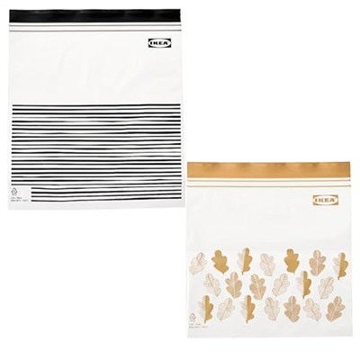 IKEA ISTAD Orta Boy Çift Mühürlü Tekrar Kullanılabilir Gıda Torbaları, 1,2 ve 2,5 Litre, Siyah Çizgili/Sarı Yaprak - 100 Adetlik Set