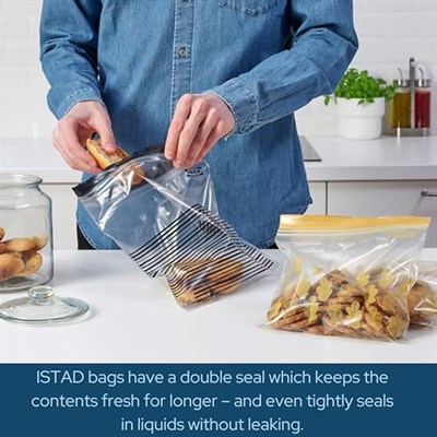 IKEA ISTAD Orta Boy Çift Mühürlü Tekrar Kullanılabilir Gıda Torbaları, 1,2 ve 2,5 Litre, Siyah Çizgili/Sarı Yaprak - 100 Adetlik Set