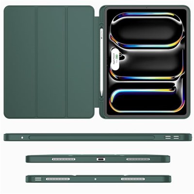 iMieet iPad Pro 13 inç Kılıf M4 (2024) Kalem Tutucu, [Destek Kalem Pro ve Kalem (USB-C)], Yumuşak TPU Arka Kısımlı Üç Katlı Stand Akıllı Kılıf, Otomatik Uyandırma/Uyku (Gece Yeşili)