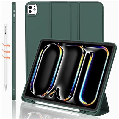 iMieet iPad Pro 13 inç Kılıf M4 (2024) Kalem Tutucu, [Destek Kalem Pro ve Kalem (USB-C)], Yumuşak TPU Arka Kısımlı Üç Katlı Stand Akıllı Kılıf, Otomatik Uyandırma/Uyku (Gece Yeşili)