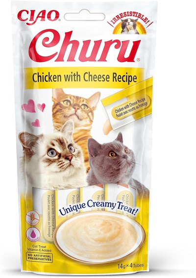 INABA Churu püre kedi atıştırmalıkları - elden beslemek için kedi macunu - ton balığı ve deniz ürünleri içeren kedi çubukları - 4 çubuk x 14 g