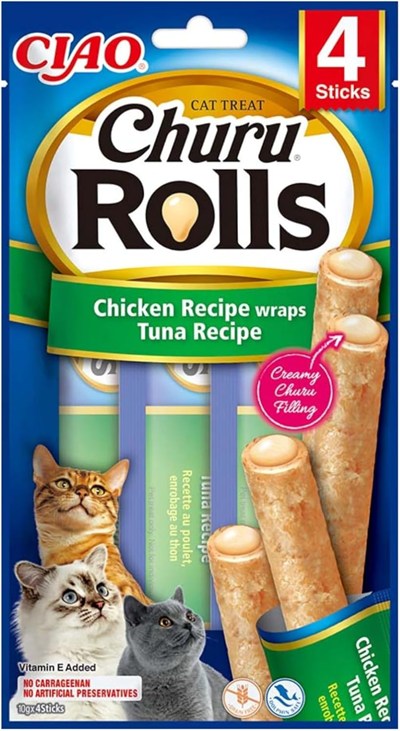 INABA Churu Rolls kedi ödül kurabiyeleri,%88 nemli, sağlıklı atıştırmalıklar, tavuk, ton balığı ve deniz tarağı içeren doğal malzemeler, 40 g (1li paket), birinci sınıf kalitede kedi