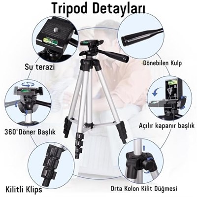 Infomax Telefon Tripodu – 33-110cm Katlanabilir Tripod Telefon Tutucu, 360° Döner Başlık, Bluetooth Kumandalı Selfie Çubuğu, iOS/Android Uyumlu, Kamera ve GoPro ile Kullanılabilir