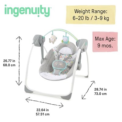 Ingenuity Comfort 2 Go Kompakt Taşınabilir 6 Vitesli Müzikli Bebek Salıncağı, Kolay Seyahat için Katlanır - Hayali Orman, 0-9 Ay