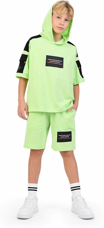 İrem Çocuk Giyim Erkek Çocuk Önü Yazı Desenli Kolu Cepli Kapüşonlu Tişörtlü Şortlu Oversize Kalıp Yeşil Takım,Yeşil 11 Yaş