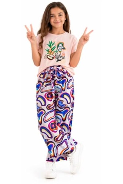 İrem Çocuk Giyim Kız Çocuk Belive Yazı Desenli Kısa(Crop) Tişörtlü Bol Paça Model Pantolon Oversize Pudra Renk Takım,Pudra 11-12 Yaş