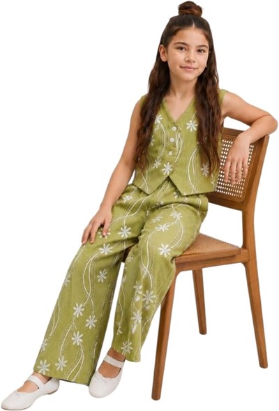 İrem Çocuk Giyim Kız Çocuk Çiçek Desenli Yeleği Düğme Kapamalı Pantolonu Cepli Beli Lastikli Geniş Paça Model Yeşil Renk Pantolon Yelek Takımı - Seçenekler: 3 Yıl, 4 Yıl, 5 Yıl