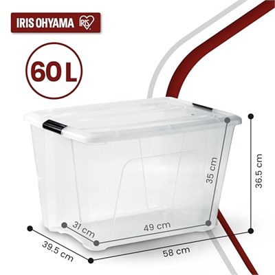 Iris Ohyama Kapaklı Saklama Kutuları, 60L, 4lü Set, Şeffaf, Güvenli Tokalar, İstiflenebilir, Çekme Kulpları, Yatak Odası, Dolap, Ofis, Organizasyon İçin, BPA İçermeyen Plastik, Giysi Çantası, NTB-60