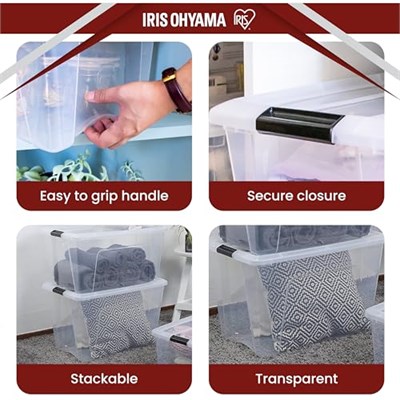 Iris Ohyama Kapaklı Saklama Kutuları, 60L, 4lü Set, Şeffaf, Güvenli Tokalar, İstiflenebilir, Çekme Kulpları, Yatak Odası, Dolap, Ofis, Organizasyon İçin, BPA İçermeyen Plastik, Giysi Çantası, NTB-60