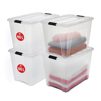 Iris Ohyama Kapaklı Saklama Kutuları, 60L, 4lü Set, Şeffaf, Güvenli Tokalar, İstiflenebilir, Çekme Kulpları, Yatak Odası, Dolap, Ofis, Organizasyon İçin, BPA İçermeyen Plastik, Giysi Çantası, NTB-60