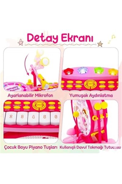 Işıklı Piyanolu Bateri Seti - Mikrofonlu, Tabureli ve MP3 Bağlantılı Çocuk Müzik Eğitim Seti