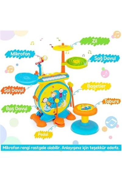 Işıklı Piyanolu Bateri Seti - Mikrofonlu, Tabureli ve MP3 Bağlantılı Çocuk Müzik Eğitim Seti