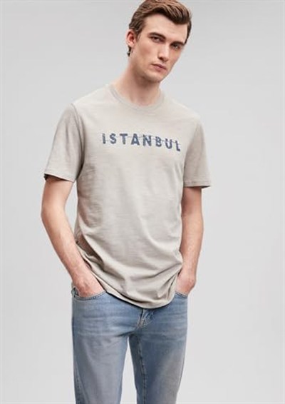 İstanbul Baskılı Gri Tişört Slim Fit/Dar Kesim 066282-31935
