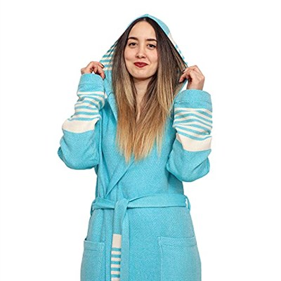 Izmir Fitty Turkuaz Beyaz Çizgili Organik Pamuk Peştemal Bornoz/Sabahlık