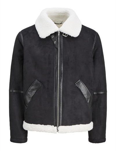 JACK & JONES JJCOLE AVIATOR JACKET Erkek Mont/Ceket Black Detail:ANTIQUE WHITE TEDDY L L