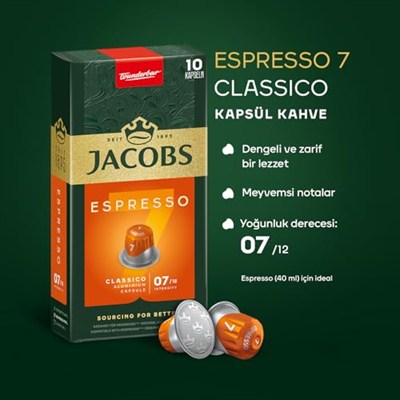 JACOBS - Espresso 7 Classico - Orta Yoğunluk - Dengeli ve Meyvemsi - Espresso Kapsülleri - 10 alüminyum kapsül