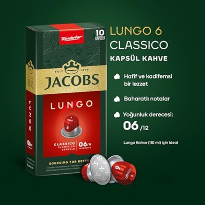 JACOBS - Lungo 6 Classico - Orta Yoğunluk - Hafif ve Kadifemsi - Espresso Kapsülleri - 10 alüminyum kapsül