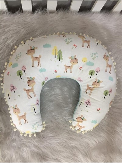 Jaju Baby Mavi Wafle Pike Kumaş Geyik Tasarım Ponponlu Emzirme Yastığı - Destek Minderi