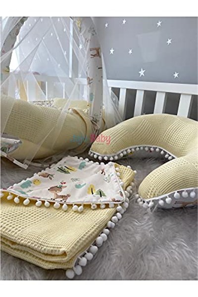 Jaju Baby Sarı Wafle Pike Kumaş Ceylan Tasarım Ponponlu Ponponlu 6 Parça Babynest Set