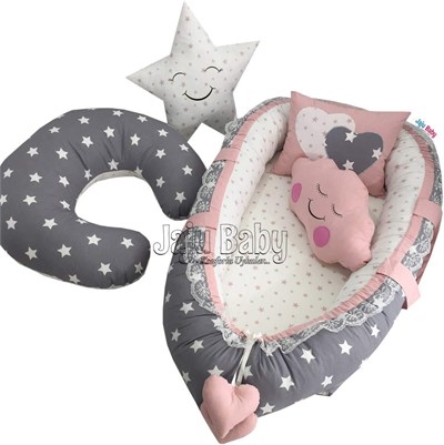 Jaju Babynest Gri Yıldızlı Lüx Ortopedik Baby Nest ve Emzirme Yastığı