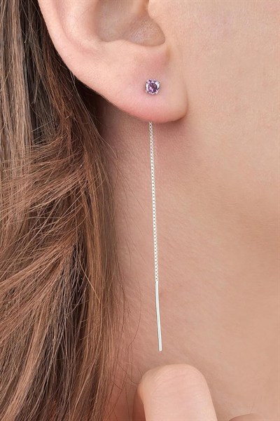 Jelux 925 Ayar Gümüş 4 Mm Zirkon Pembe Tek Taş Zincir Küpe