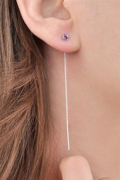 Jelux 925 Ayar Gümüş 4 Mm Zirkon Pembe Tek Taş Zincir Küpe