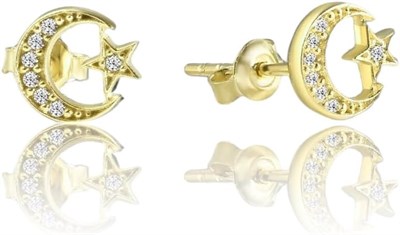 JELUX 925 Ayar Gümüş Zirkon Taşlı Ay Yıldız Çivili Gold Küpe