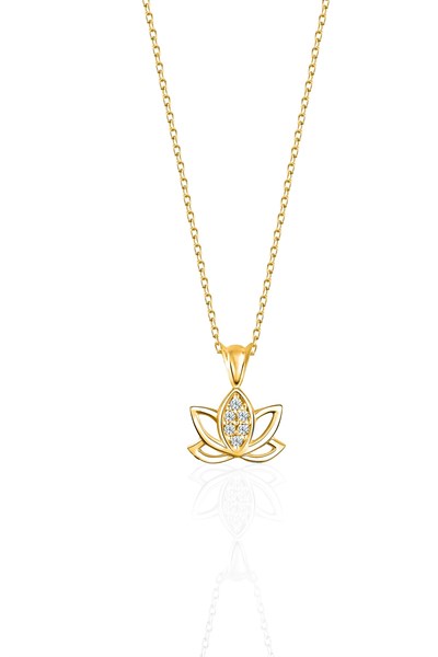 JELUX 925 Ayar Gümüş Zirkon Taşlı Lotus Çiçeği Model Gold Kolye