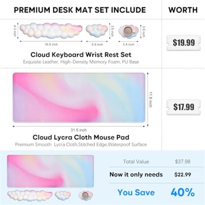 JIKIOU Büyük oyun mouse pedi, su geçirmez, bulut klavye, bilek desteği ve bulut fare, bilek desteği ile ergonomik bilgisayar masası matı, klavye ve fare için (yağmur yayı)