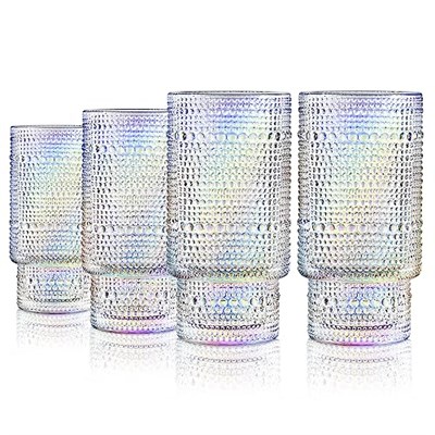 Joeyan Yanardöner İçme Bardakları, Vintage Kabartmalı İstifleme Su Bardakları Romantik, Berrak Hobnail Gökkuşağı Züccaciye Seti, Meyve Suyu İçecekleri için Boncuklu Highball Kahve Çay Kokteyli, 10 oz,