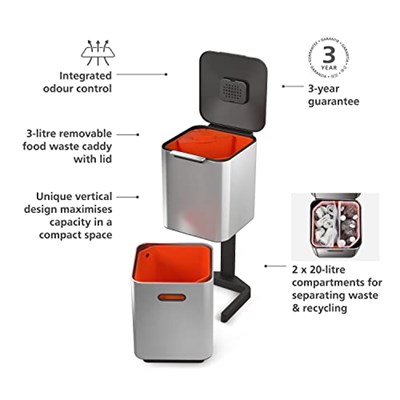Joseph Joseph Totem Çöp Kovası, Paslanmaz Çelik, 40 Litre - Seçenekler: 40L, 60L