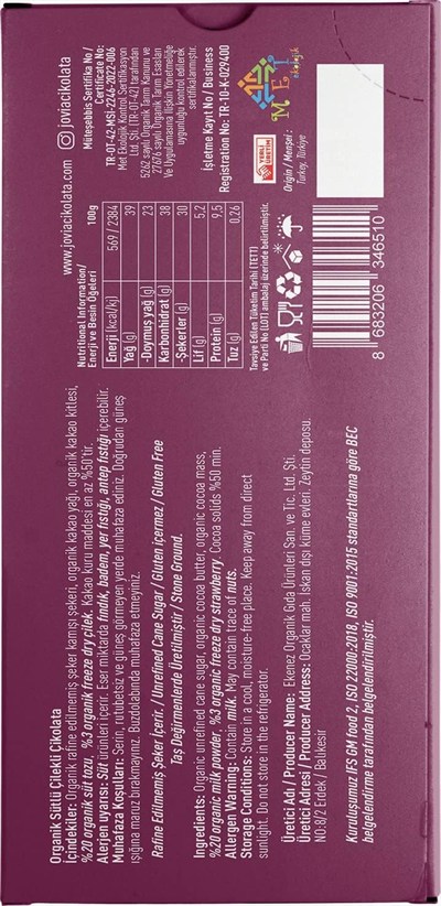 jovia premium quality chocolate Organik Sütlü Çilekli Çikolata 3lü Avantaj Paket