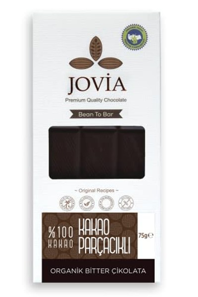 jovia premium quality chocolate Organik%100 Bitter Çikolata - Şeker kamışı kaplı kakao parçacıklı.