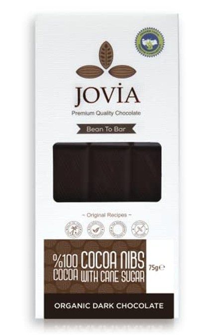 jovia premium quality chocolate Organik%100 Bitter Çikolata - Şeker kamışı kaplı kakao parçacıklı.
