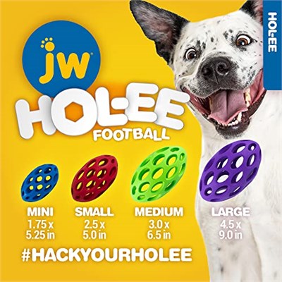JW Pet Hol-ee Futbol Köpek Oyuncak Bulmaca Topu, Doğal Kauçuk, Orta Boy (15 cm Uzunluk), Renkler Değişebilir - Seçenekler: Medium, L, Mini