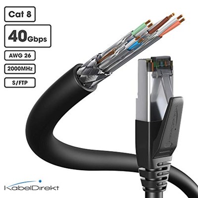 KabelDirekt – Cat 8 ağ kablosu, 40 Gigabit, esnek ve kırılmaz yapı – 10m (LAN kablosu/Ethernet kablosu, maksimum fiber hızı iletir ve oyun/PS5/Xbox için uygundur, RJ45 fiş)