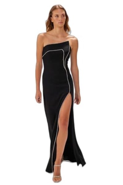 Kadın Asimetrik Yaka Şerit Taşlı Krep Abiye Elbise 8169 Siyah